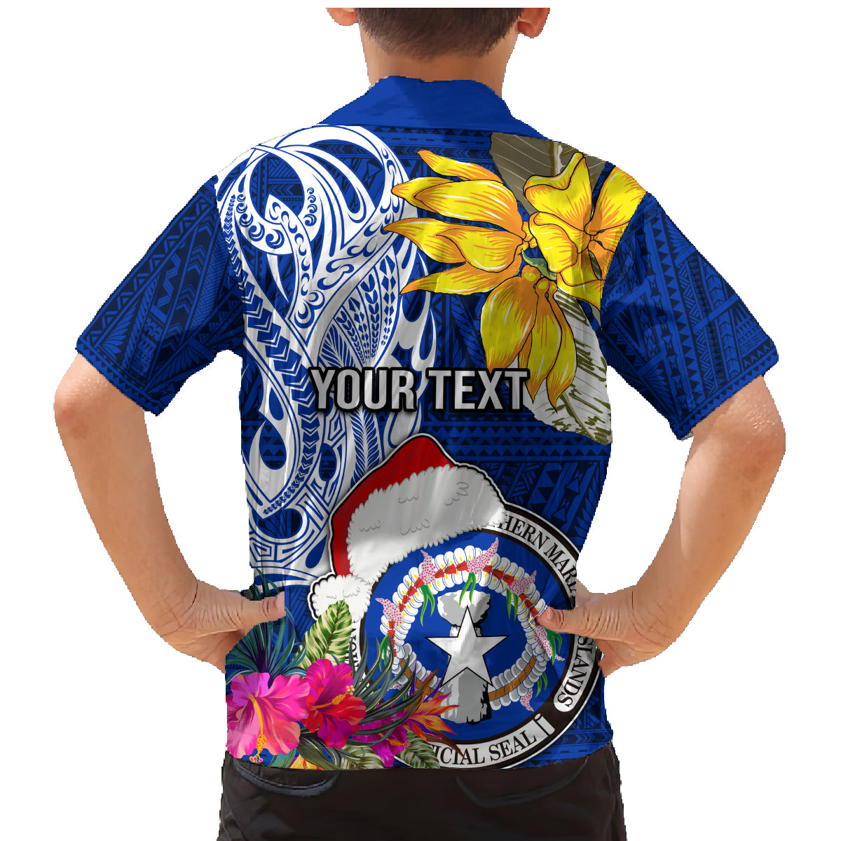 Custom Northern Mariana Islands Christmas Family Matching Mermaid Dress and Hawaiian Shirt Funny Santa Hug Latte Stone Ylang-ylang and Polynesia Pattern Blue LT03 - Polynesian Pride