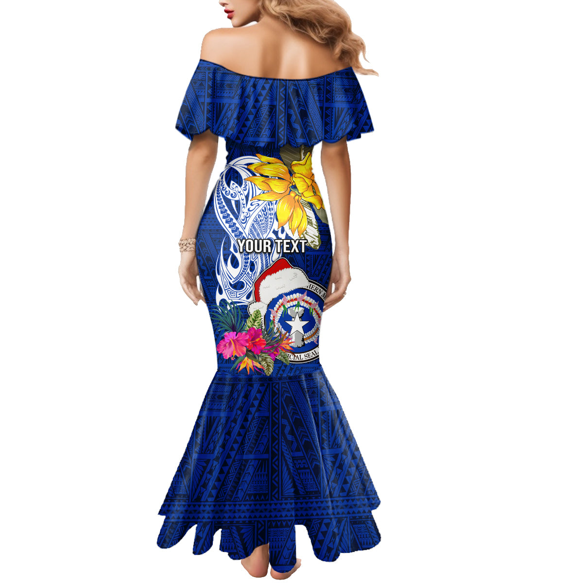 Custom Northern Mariana Islands Christmas Family Matching Mermaid Dress and Hawaiian Shirt Funny Santa Hug Latte Stone Ylang-ylang and Polynesia Pattern Blue LT03 - Polynesian Pride