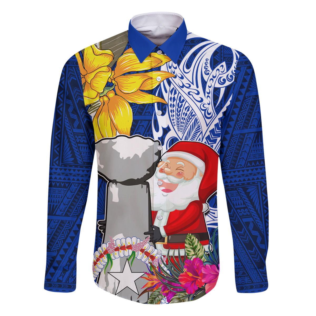 Custom Northern Mariana Islands Christmas Family Matching Off Shoulder Long Sleeve Dress and Hawaiian Shirt Funny Santa Hug Latte Stone Ylang-ylang and Polynesia Pattern Blue LT03 Dad's Shirt - Long Sleeve Blue - Polynesian Pride