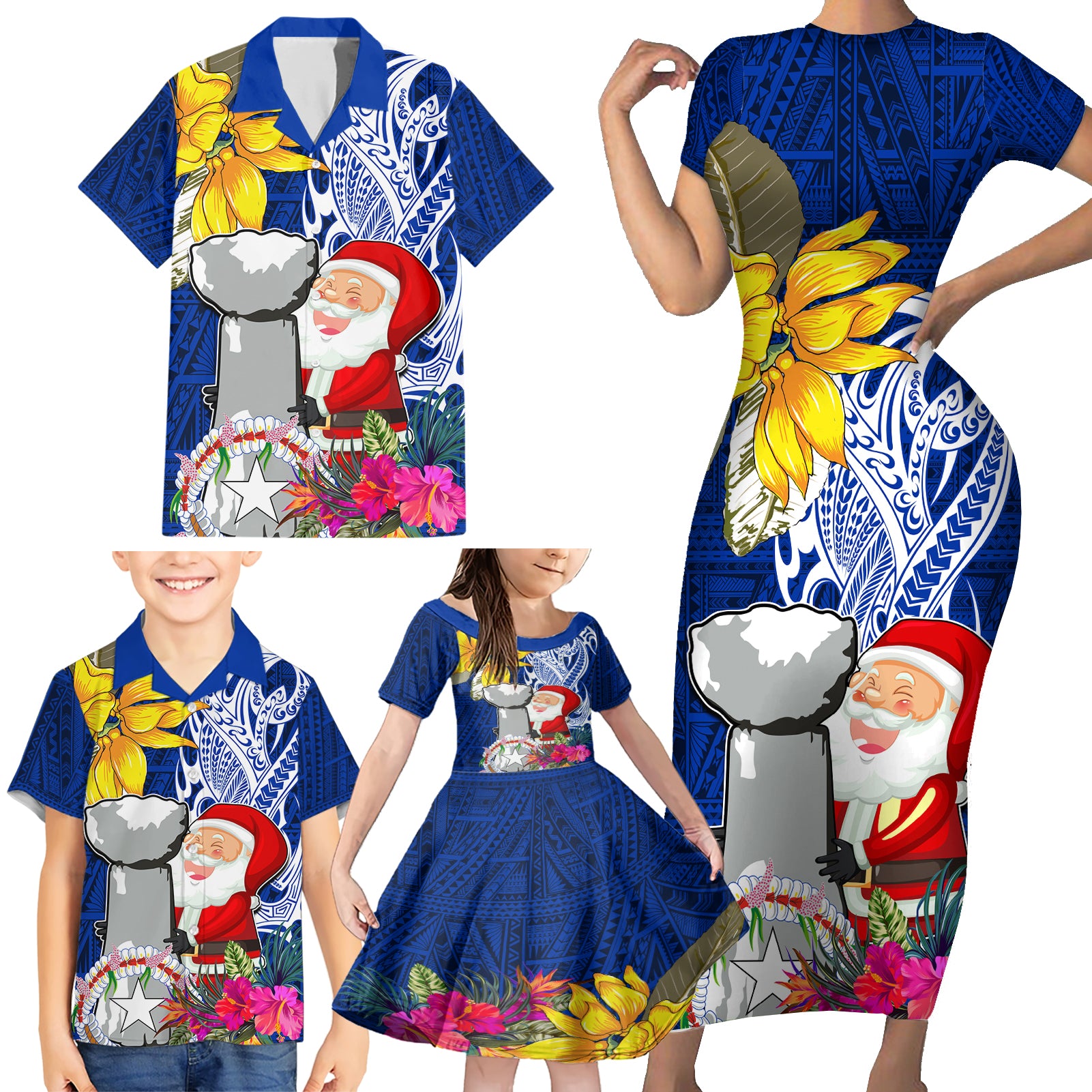 Custom Northern Mariana Islands Christmas Family Matching Short Sleeve Bodycon Dress and Hawaiian Shirt Funny Santa Hug Latte Stone Ylang-ylang and Polynesia Pattern Blue LT03 - Polynesian Pride