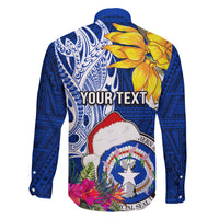 Custom Northern Mariana Islands Christmas Family Matching Short Sleeve Bodycon Dress and Hawaiian Shirt Funny Santa Hug Latte Stone Ylang-ylang and Polynesia Pattern Blue LT03 - Polynesian Pride