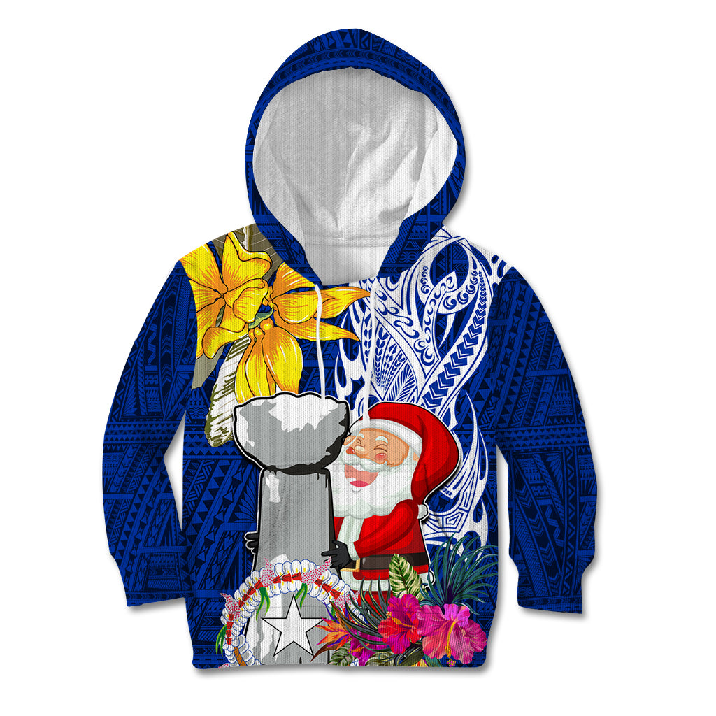 Custom Northern Mariana Islands Christmas Kid Hoodie Funny Santa Hug Latte Stone Ylang-ylang and Polynesia Pattern Blue LT03 Blue - Polynesian Pride