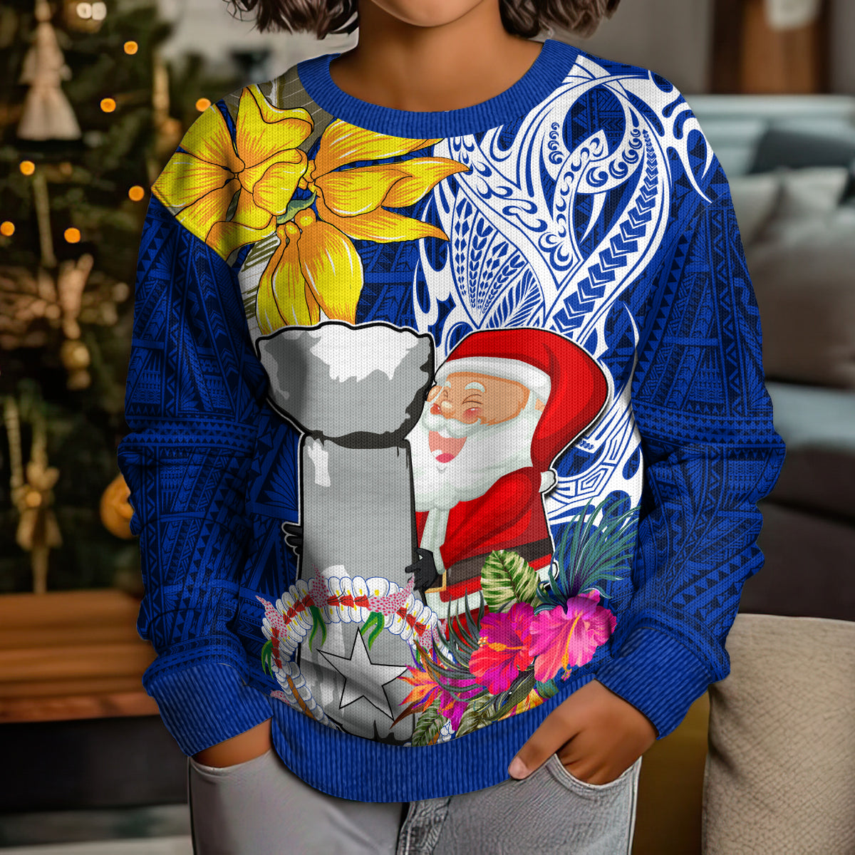 Custom Northern Mariana Islands Christmas Kid Ugly Christmas Sweater Funny Santa Hug Latte Stone Ylang-ylang and Polynesia Pattern Blue LT03 - Polynesian Pride