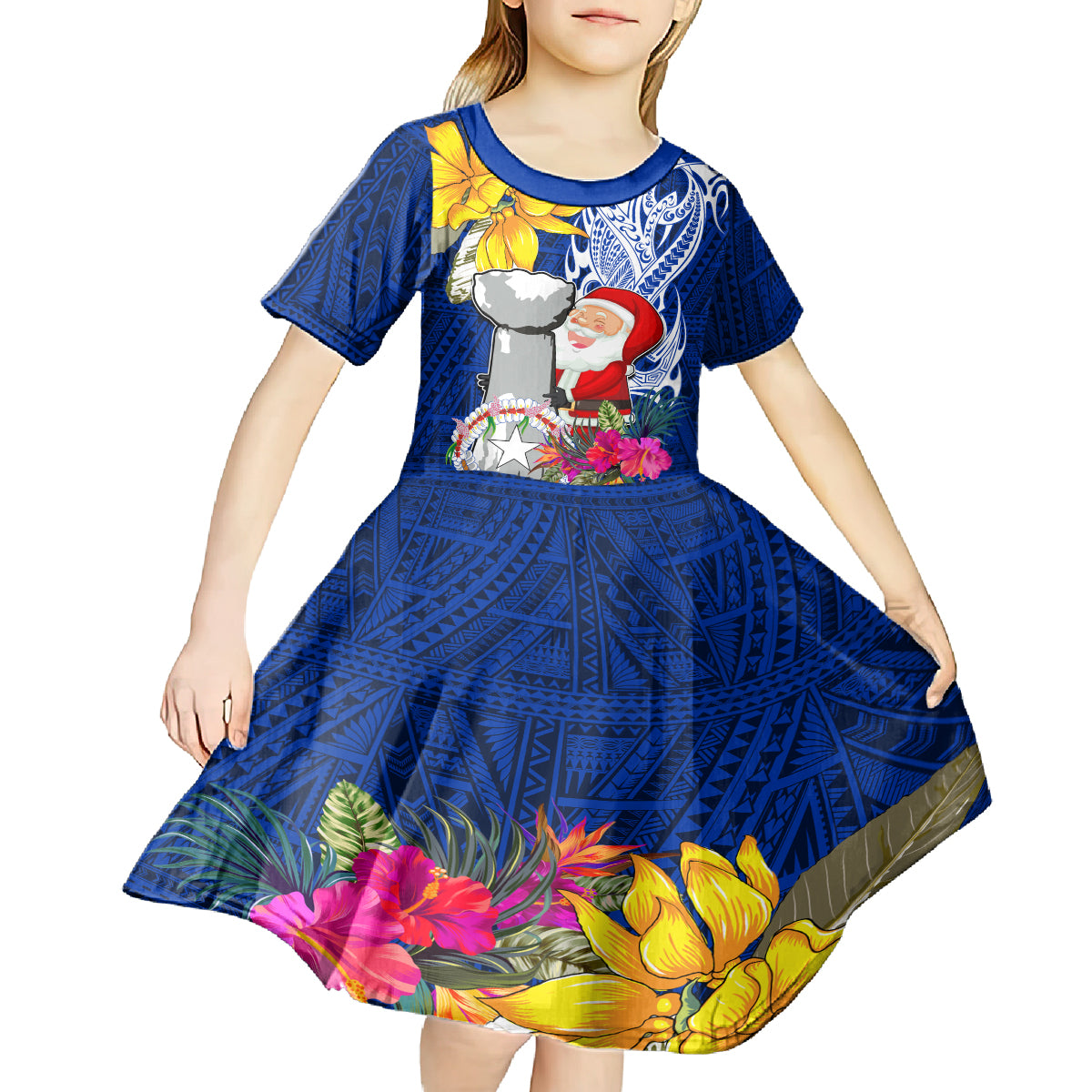 Custom Northern Mariana Islands Christmas Kid Short Sleeve Dress Funny Santa Hug Latte Stone Ylang-ylang and Polynesia Pattern Blue LT03 - Polynesian Pride
