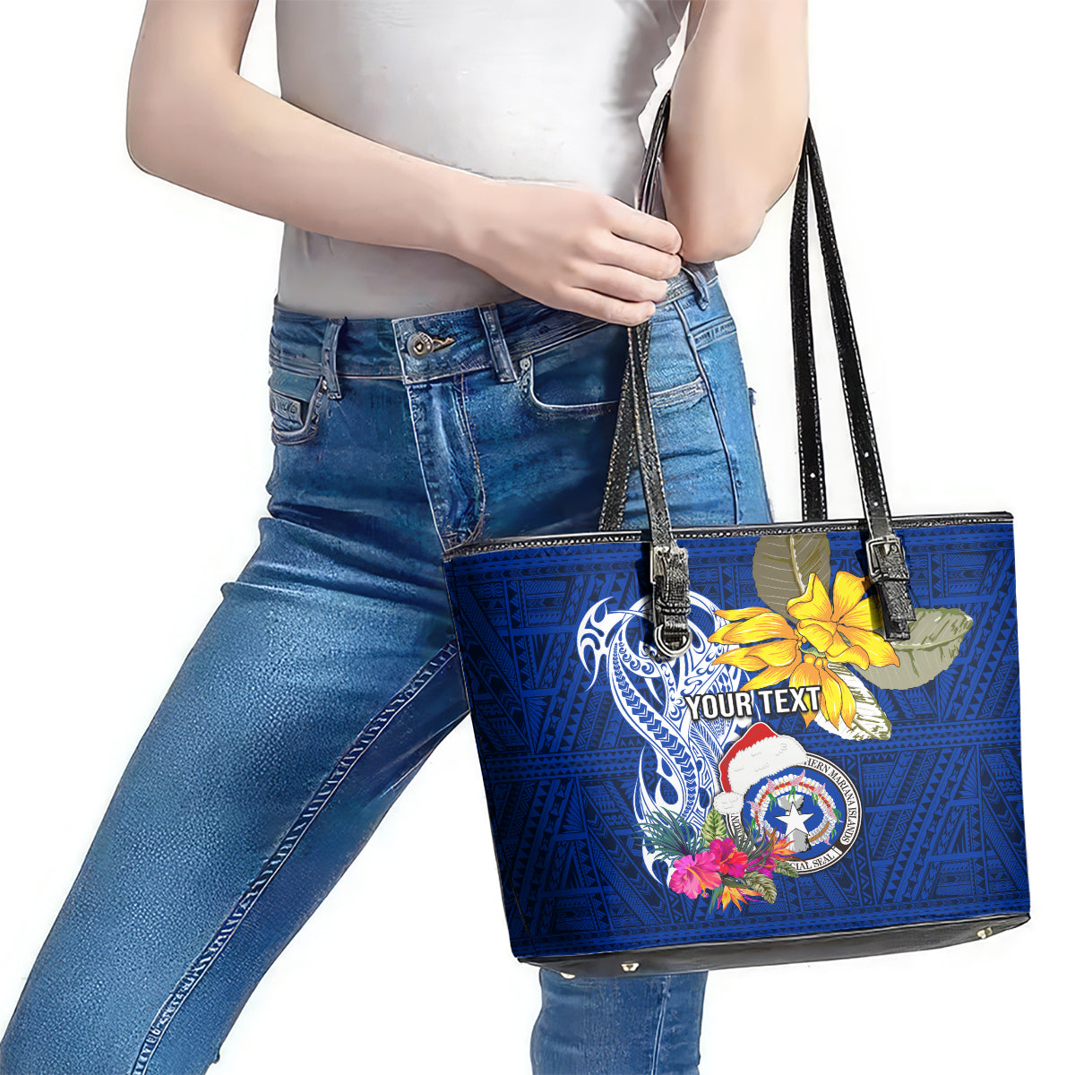 Custom Northern Mariana Islands Christmas Leather Tote Bag Funny Santa Hug Latte Stone Ylang-ylang and Polynesia Pattern Blue LT03 - Polynesian Pride