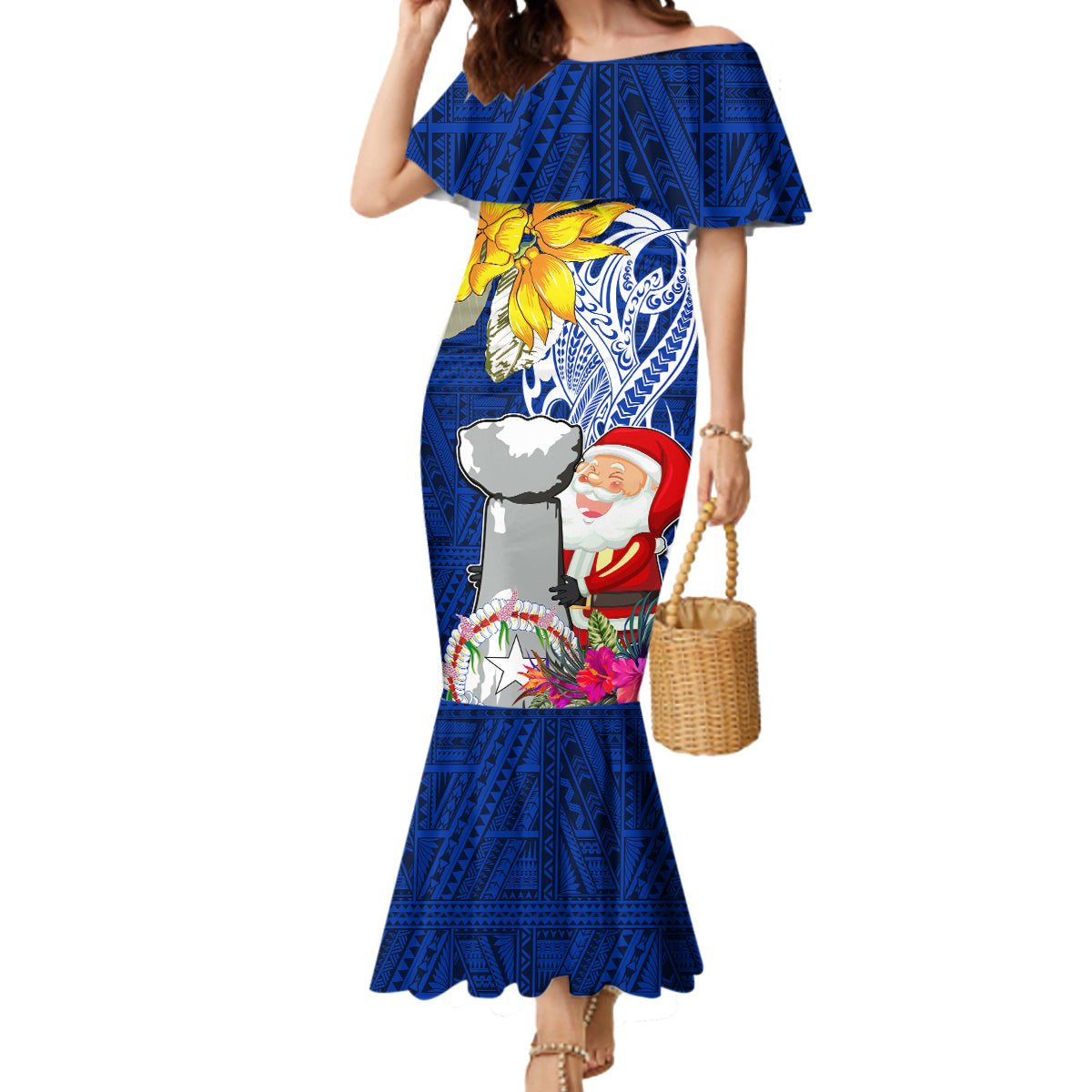 Custom Northern Mariana Islands Christmas Mermaid Dress Funny Santa Hug Latte Stone Ylang-ylang and Polynesia Pattern Blue LT03 Women Blue - Polynesian Pride