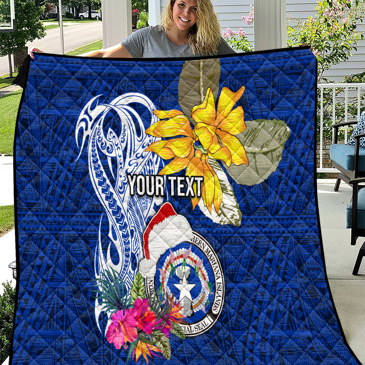 Custom Northern Mariana Islands Christmas Quilt Funny Santa Hug Latte Stone Ylang-ylang and Polynesia Pattern Blue LT03 Blue - Polynesian Pride