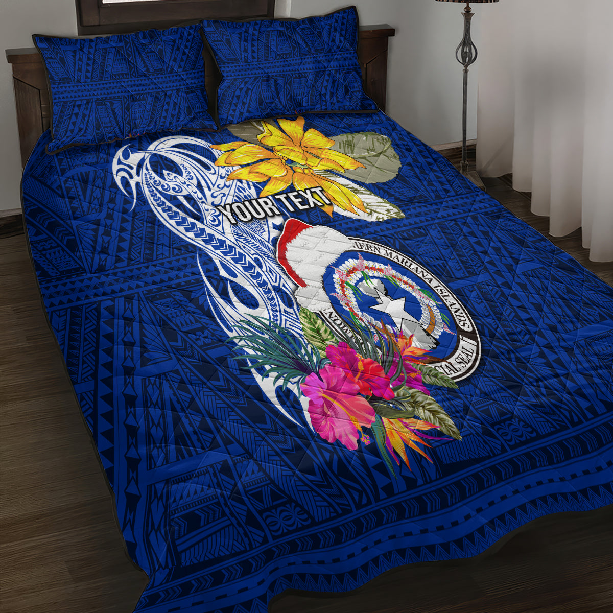 Custom Northern Mariana Islands Christmas Quilt Bed Set Funny Santa Hug Latte Stone Ylang-ylang and Polynesia Pattern Blue LT03 - Polynesian Pride