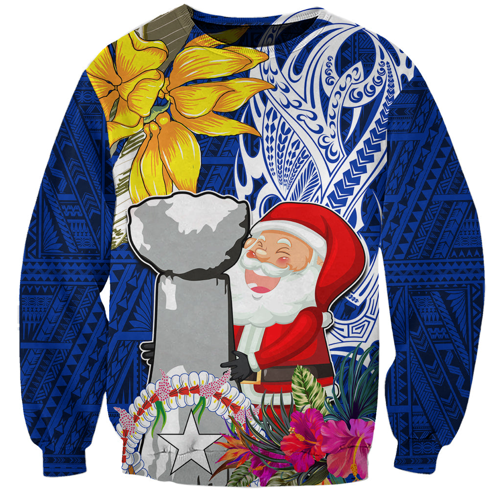 Custom Northern Mariana Islands Christmas Sweatshirt Funny Santa Hug Latte Stone Ylang-ylang and Polynesia Pattern Blue LT03 Unisex Blue - Polynesian Pride