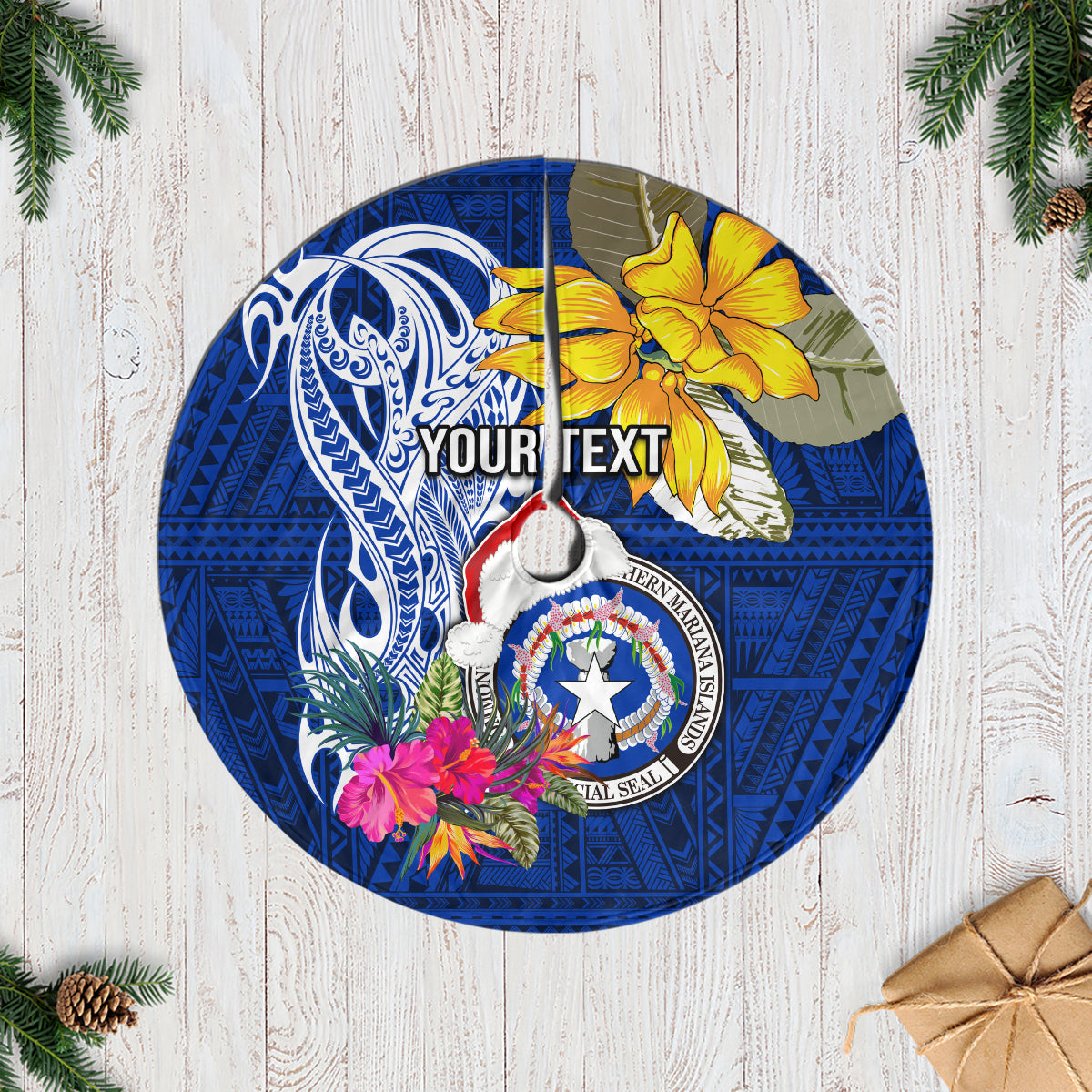 Custom Northern Mariana Islands Christmas Tree Skirt Funny Santa Hug Latte Stone Ylang-ylang and Polynesia Pattern Blue LT03 Blue - Polynesian Pride