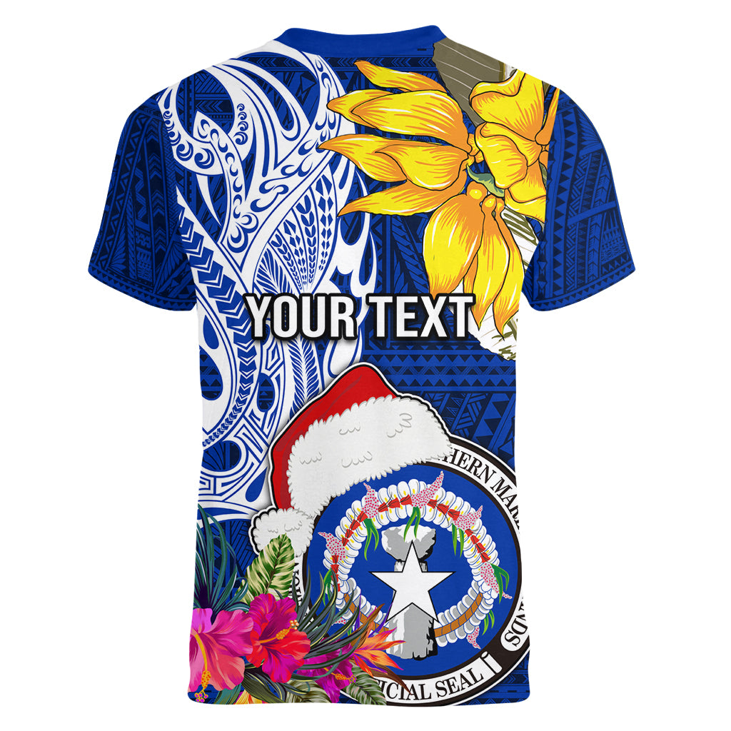 Custom Northern Mariana Islands Christmas Women V Neck T Shirt Funny Santa Hug Latte Stone Ylang-ylang and Polynesia Pattern Blue LT03 - Polynesian Pride