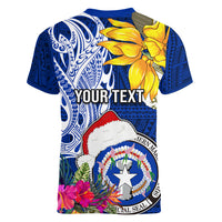 Custom Northern Mariana Islands Christmas Women V Neck T Shirt Funny Santa Hug Latte Stone Ylang-ylang and Polynesia Pattern Blue LT03 - Polynesian Pride
