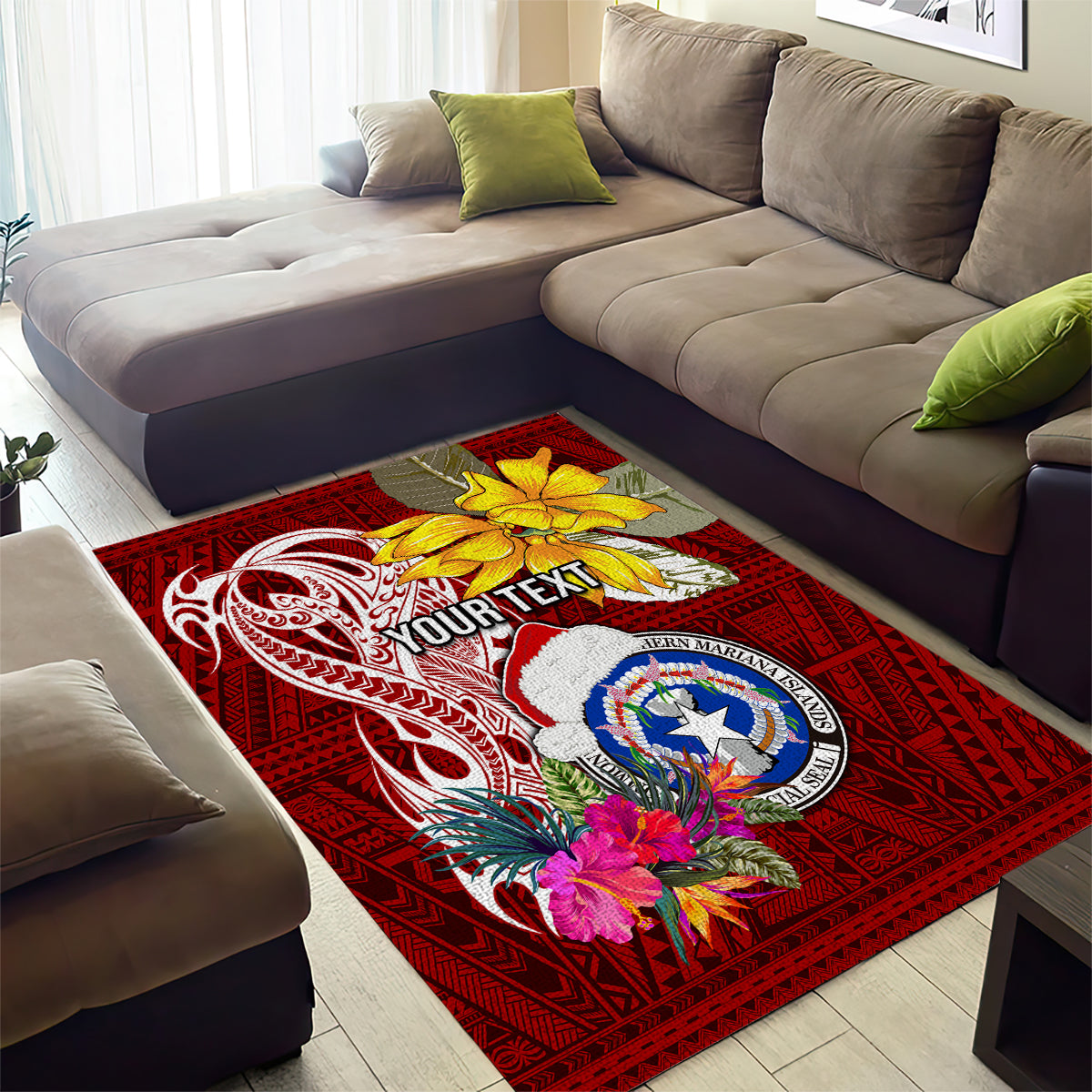 Custom Northern Mariana Islands Christmas Area Rug Funny Santa Hug Latte Stone Ylang-ylang and Polynesia Pattern Red LT03 - Polynesian Pride