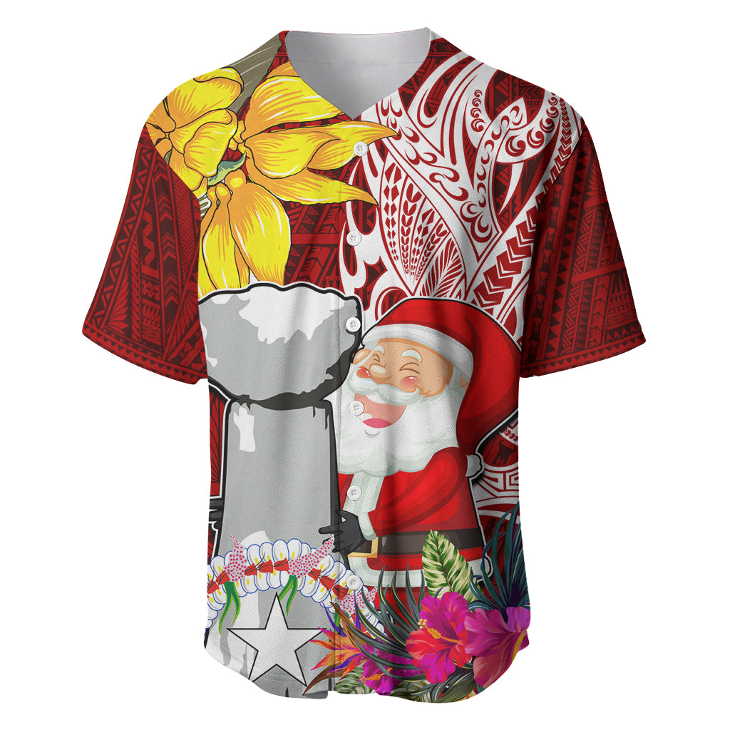 Custom Northern Mariana Islands Christmas Baseball Jersey Funny Santa Hug Latte Stone Ylang-ylang and Polynesia Pattern Red LT03 Red - Polynesian Pride