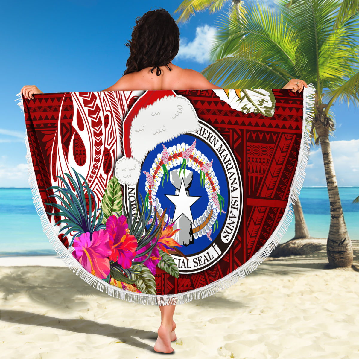 Custom Northern Mariana Islands Christmas Beach Blanket Funny Santa Hug Latte Stone Ylang-ylang and Polynesia Pattern Red LT03 - Polynesian Pride