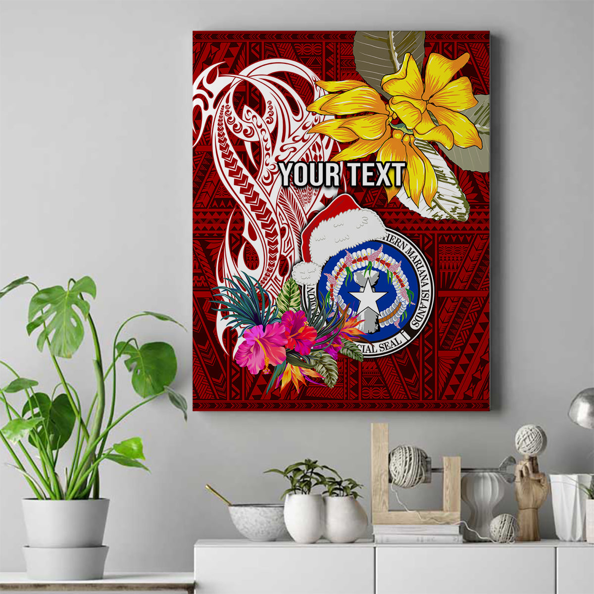 Custom Northern Mariana Islands Christmas Canvas Wall Art Funny Santa Hug Latte Stone Ylang-ylang and Polynesia Pattern Red LT03 Red - Polynesian Pride