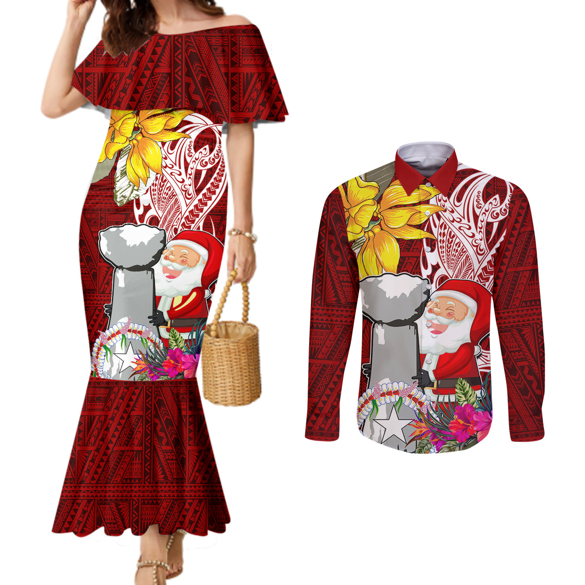 Custom Northern Mariana Islands Christmas Couples Matching Mermaid Dress and Long Sleeve Button Shirt Funny Santa Hug Latte Stone Ylang-ylang and Polynesia Pattern Red LT03 Red - Polynesian Pride