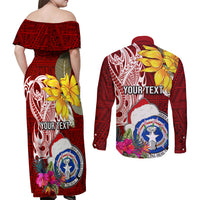 Custom Northern Mariana Islands Christmas Couples Matching Off Shoulder Maxi Dress and Long Sleeve Button Shirt Funny Santa Hug Latte Stone Ylang-ylang and Polynesia Pattern Red LT03 - Polynesian Pride