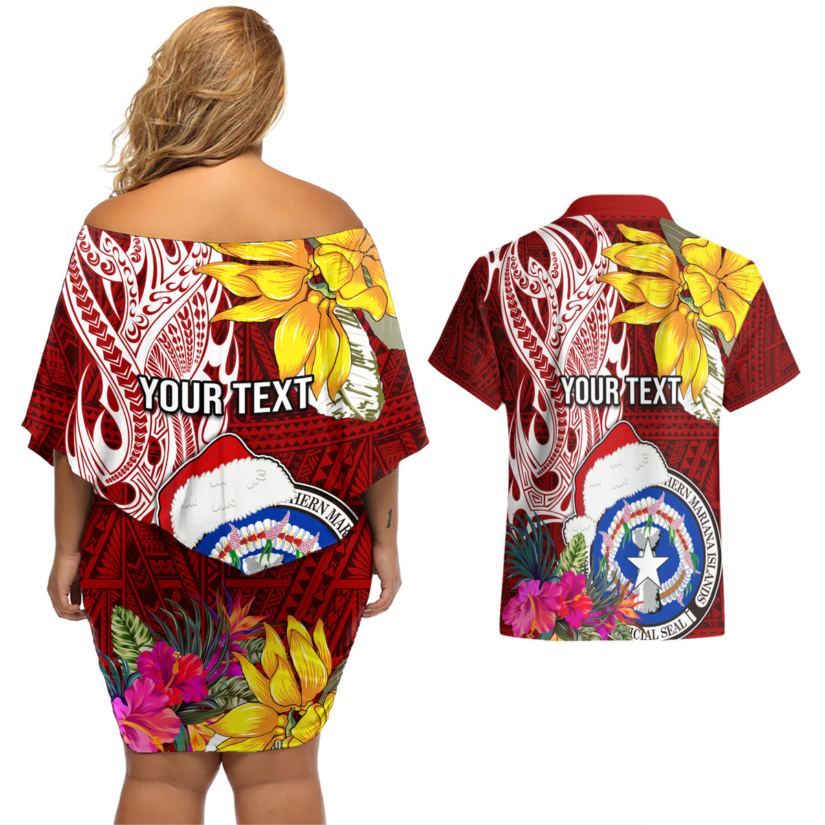 Custom Northern Mariana Islands Christmas Couples Matching Off Shoulder Short Dress and Hawaiian Shirt Funny Santa Hug Latte Stone Ylang-ylang and Polynesia Pattern Red LT03 - Polynesian Pride