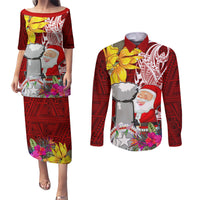 Custom Northern Mariana Islands Christmas Couples Matching Puletasi Dress and Long Sleeve Button Shirt Funny Santa Hug Latte Stone Ylang-ylang and Polynesia Pattern Red LT03 Red - Polynesian Pride