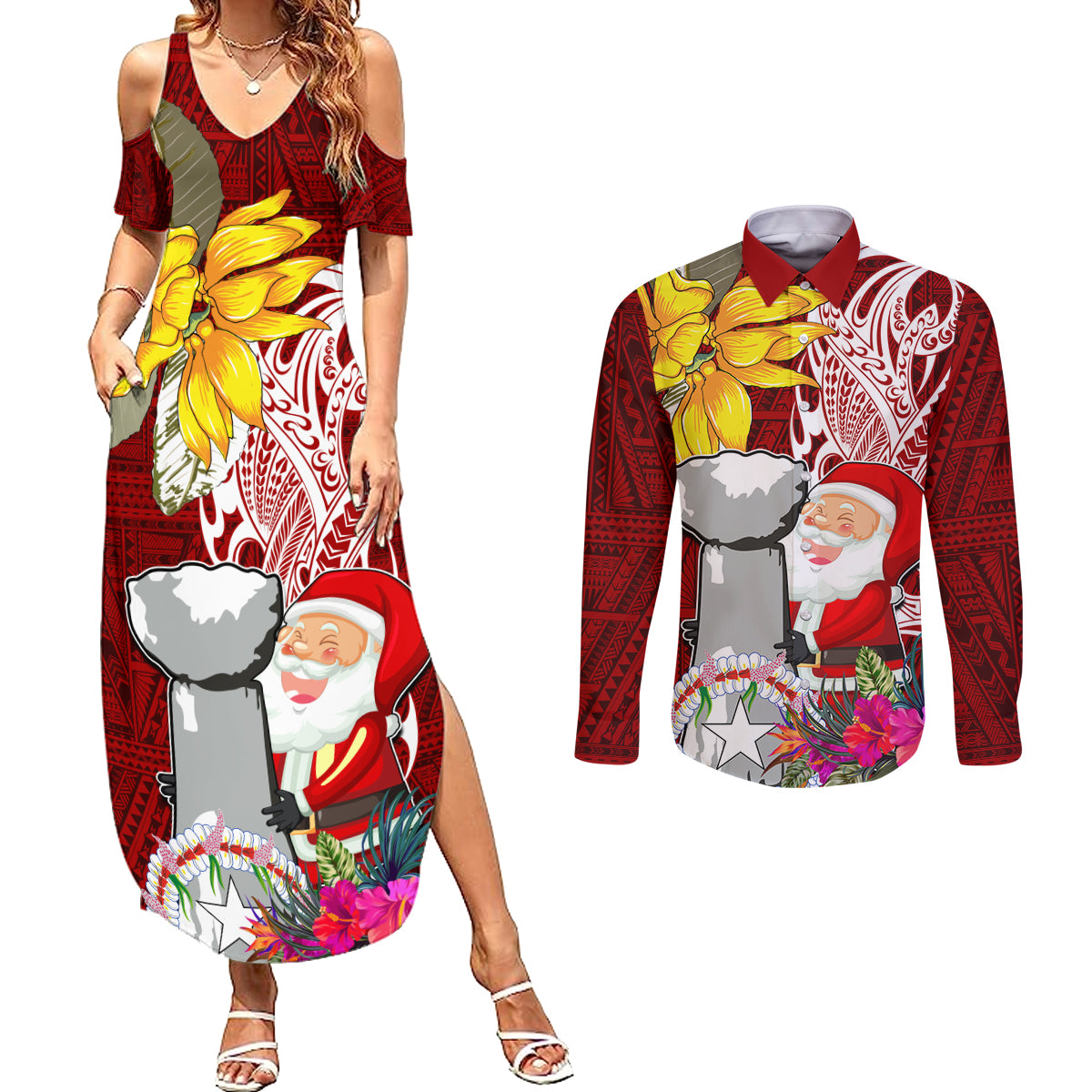 Custom Northern Mariana Islands Christmas Couples Matching Summer Maxi Dress and Long Sleeve Button Shirt Funny Santa Hug Latte Stone Ylang-ylang and Polynesia Pattern Red LT03 Red - Polynesian Pride