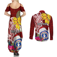 Custom Northern Mariana Islands Christmas Couples Matching Summer Maxi Dress and Long Sleeve Button Shirt Funny Santa Hug Latte Stone Ylang-ylang and Polynesia Pattern Red LT03 - Polynesian Pride