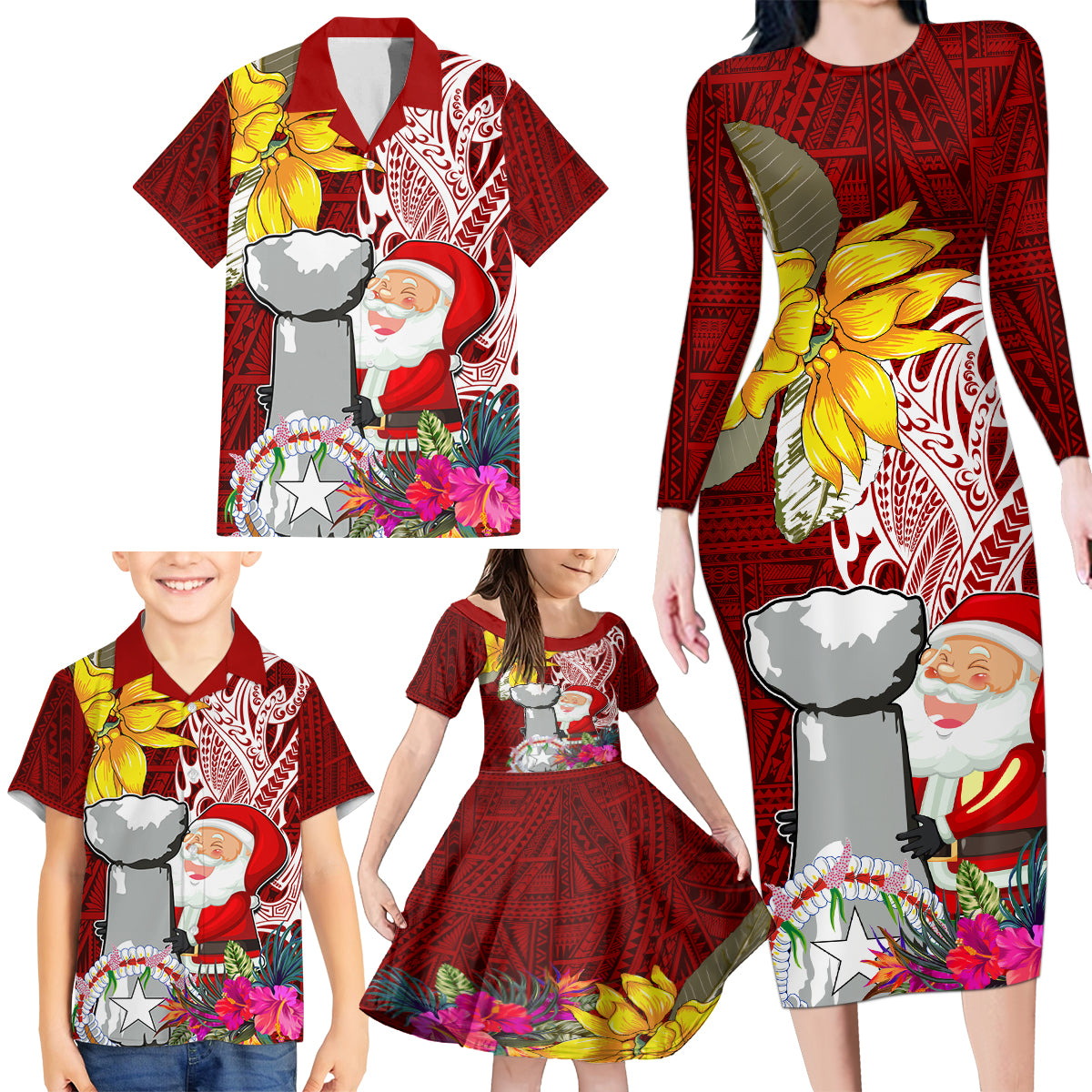 Custom Northern Mariana Islands Christmas Family Matching Long Sleeve Bodycon Dress and Hawaiian Shirt Funny Santa Hug Latte Stone Ylang-ylang and Polynesia Pattern Red LT03 - Polynesian Pride