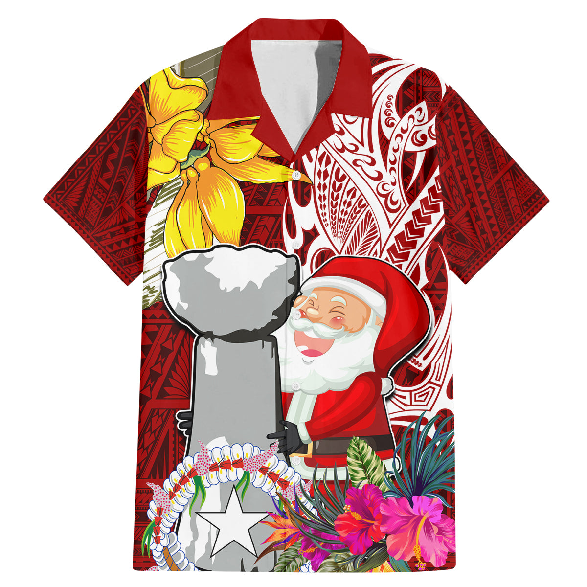 Custom Northern Mariana Islands Christmas Family Matching Mermaid Dress and Hawaiian Shirt Funny Santa Hug Latte Stone Ylang-ylang and Polynesia Pattern Red LT03 Dad's Shirt - Short Sleeve Red - Polynesian Pride