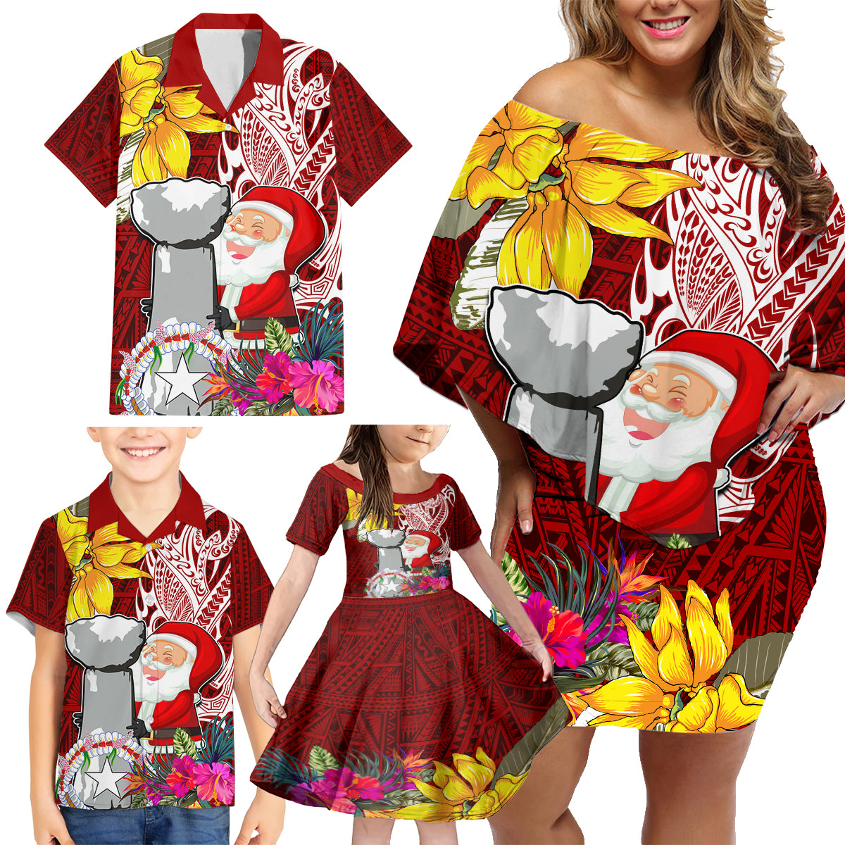 Custom Northern Mariana Islands Christmas Family Matching Off Shoulder Short Dress and Hawaiian Shirt Funny Santa Hug Latte Stone Ylang-ylang and Polynesia Pattern Red LT03 - Polynesian Pride