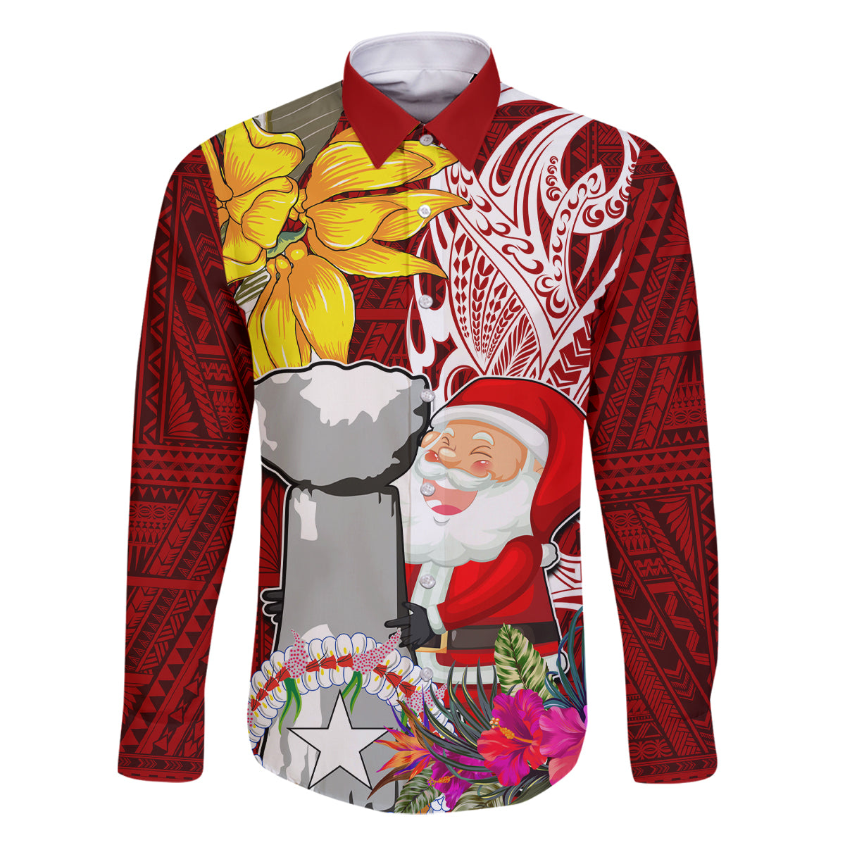 Custom Northern Mariana Islands Christmas Family Matching Off Shoulder Short Dress and Hawaiian Shirt Funny Santa Hug Latte Stone Ylang-ylang and Polynesia Pattern Red LT03 Dad's Shirt - Long Sleeve Red - Polynesian Pride