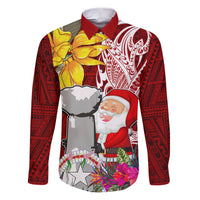 Custom Northern Mariana Islands Christmas Family Matching Puletasi Dress and Hawaiian Shirt Funny Santa Hug Latte Stone Ylang-ylang and Polynesia Pattern Red LT03 Dad's Shirt - Long Sleeve Red - Polynesian Pride