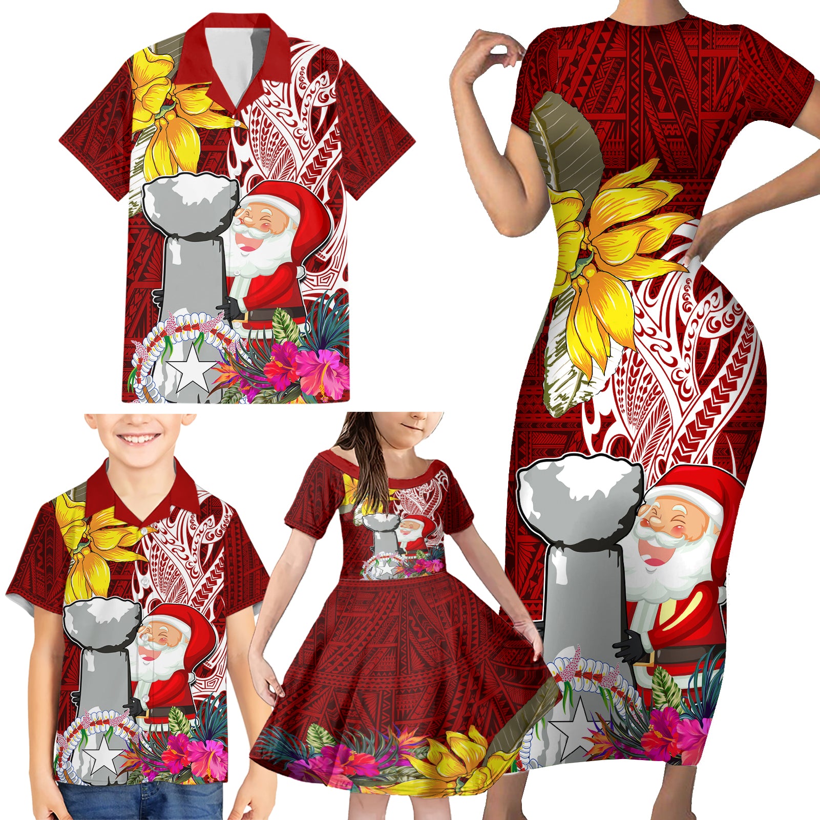 Custom Northern Mariana Islands Christmas Family Matching Short Sleeve Bodycon Dress and Hawaiian Shirt Funny Santa Hug Latte Stone Ylang-ylang and Polynesia Pattern Red LT03 - Polynesian Pride