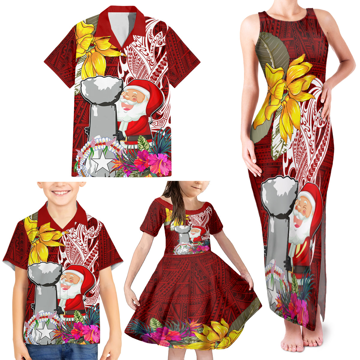 Custom Northern Mariana Islands Christmas Family Matching Tank Maxi Dress and Hawaiian Shirt Funny Santa Hug Latte Stone Ylang-ylang and Polynesia Pattern Red LT03 - Polynesian Pride