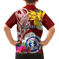 Custom Northern Mariana Islands Christmas Kid Hawaiian Shirt Funny Santa Hug Latte Stone Ylang-ylang and Polynesia Pattern Red LT03 - Polynesian Pride