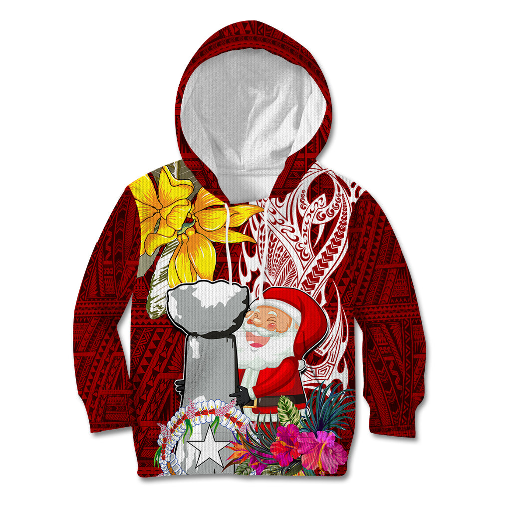 Custom Northern Mariana Islands Christmas Kid Hoodie Funny Santa Hug Latte Stone Ylang-ylang and Polynesia Pattern Red LT03 Red - Polynesian Pride