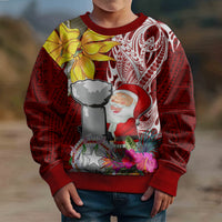 Custom Northern Mariana Islands Christmas Kid Ugly Christmas Sweater Funny Santa Hug Latte Stone Ylang-ylang and Polynesia Pattern Red LT03 - Polynesian Pride