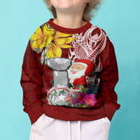 Custom Northern Mariana Islands Christmas Kid Ugly Christmas Sweater Funny Santa Hug Latte Stone Ylang-ylang and Polynesia Pattern Red LT03 - Polynesian Pride