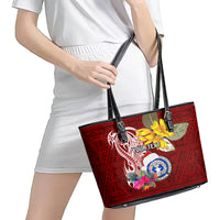 Custom Northern Mariana Islands Christmas Leather Tote Bag Funny Santa Hug Latte Stone Ylang-ylang and Polynesia Pattern Red LT03 - Polynesian Pride