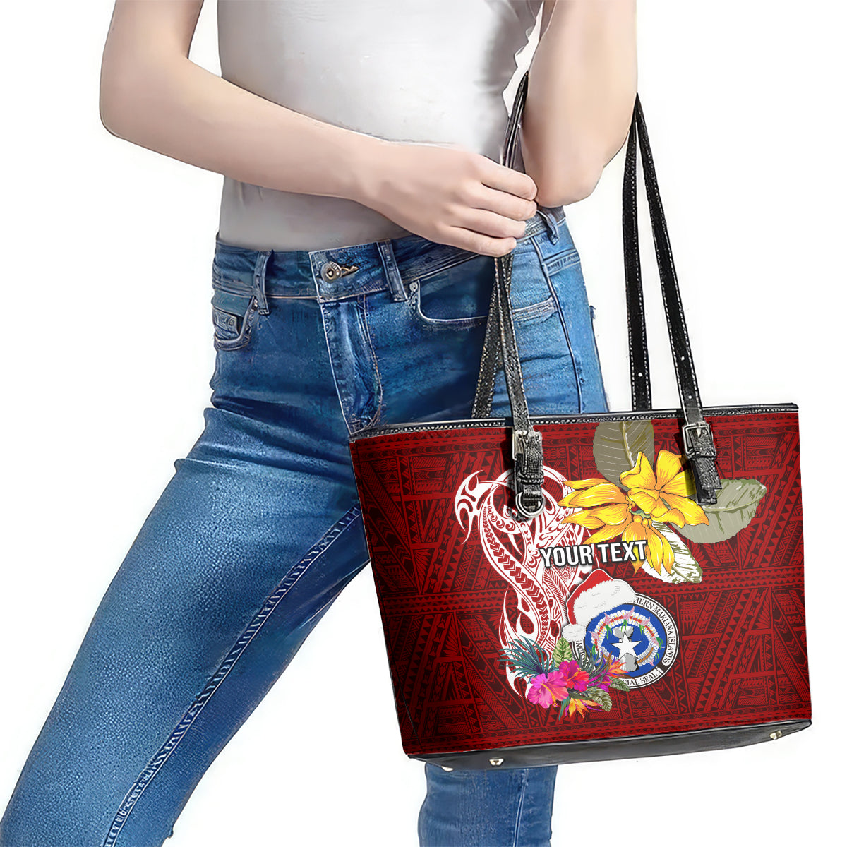 Custom Northern Mariana Islands Christmas Leather Tote Bag Funny Santa Hug Latte Stone Ylang-ylang and Polynesia Pattern Red LT03 - Polynesian Pride