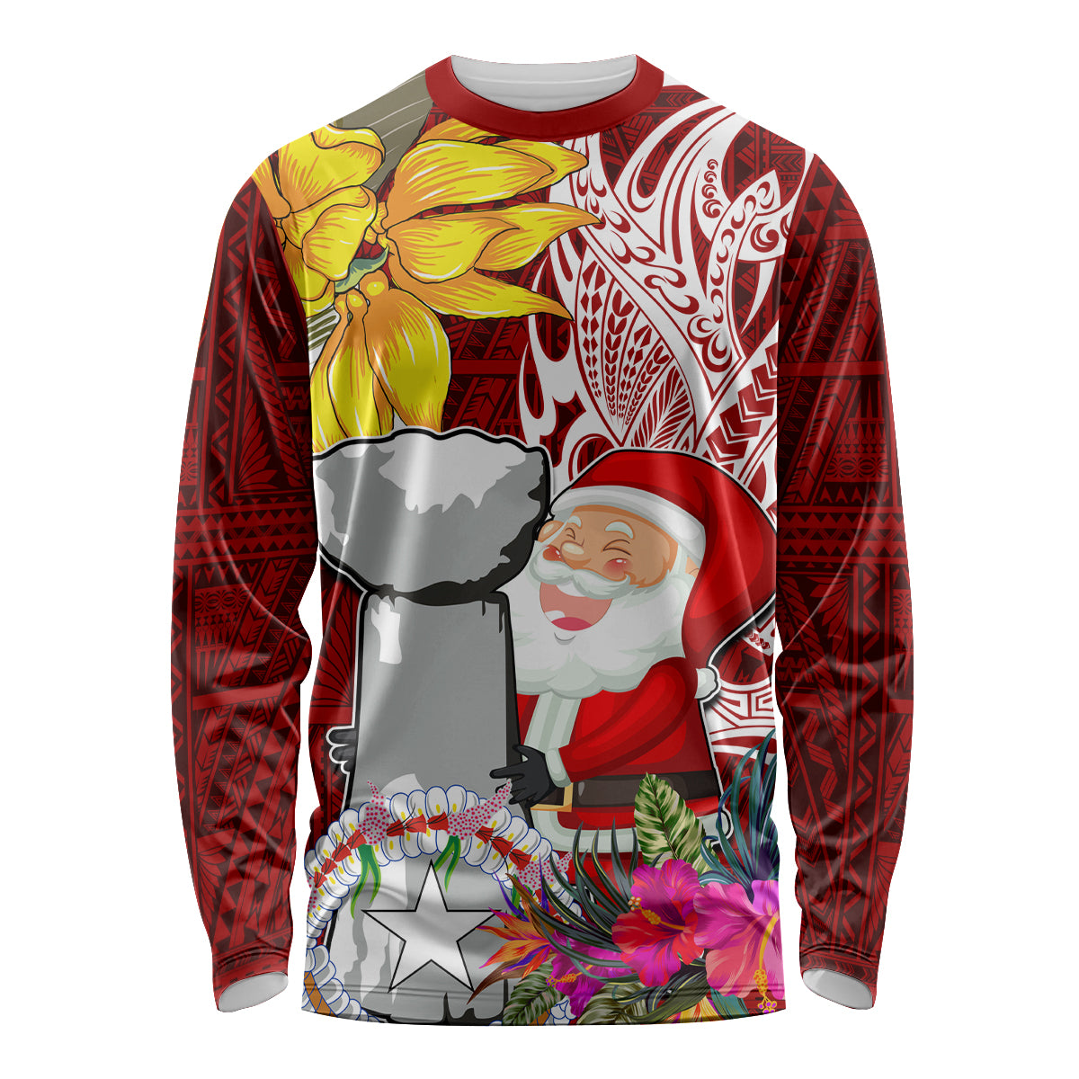 Custom Northern Mariana Islands Christmas Long Sleeve Shirt Funny Santa Hug Latte Stone Ylang-ylang and Polynesia Pattern Red LT03 Unisex Red - Polynesian Pride