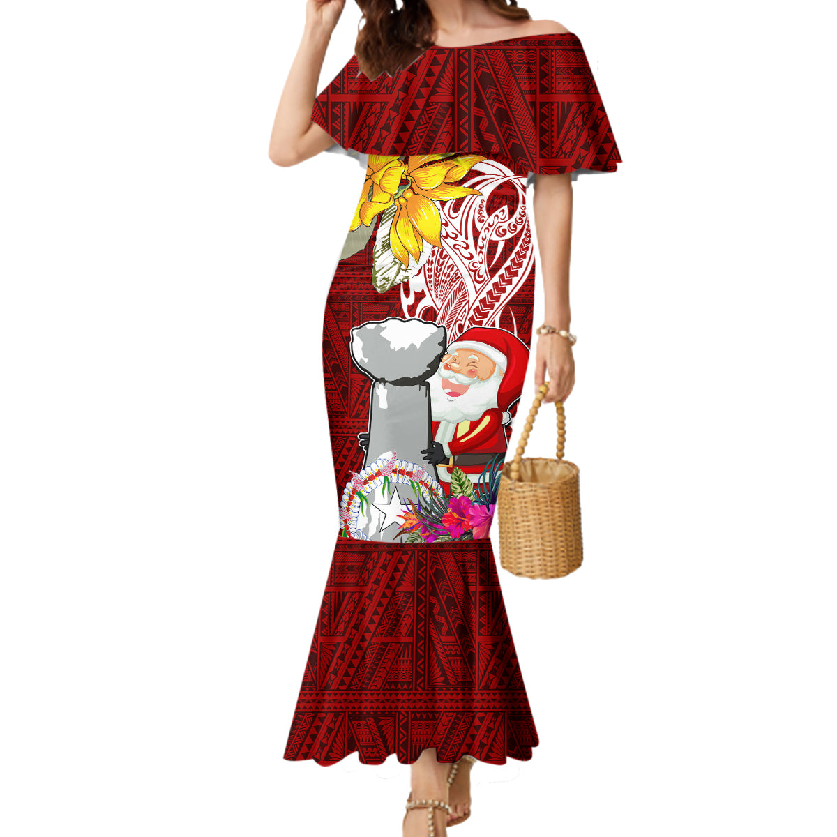 Custom Northern Mariana Islands Christmas Mermaid Dress Funny Santa Hug Latte Stone Ylang-ylang and Polynesia Pattern Red LT03 Women Red - Polynesian Pride