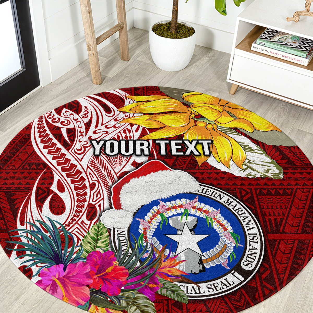 Custom Northern Mariana Islands Christmas Round Carpet Funny Santa Hug Latte Stone Ylang-ylang and Polynesia Pattern Red LT03 Red - Polynesian Pride