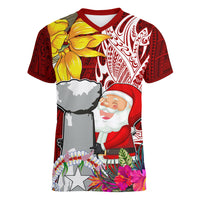 Custom Northern Mariana Islands Christmas Women V Neck T Shirt Funny Santa Hug Latte Stone Ylang-ylang and Polynesia Pattern Red LT03 Female Red - Polynesian Pride