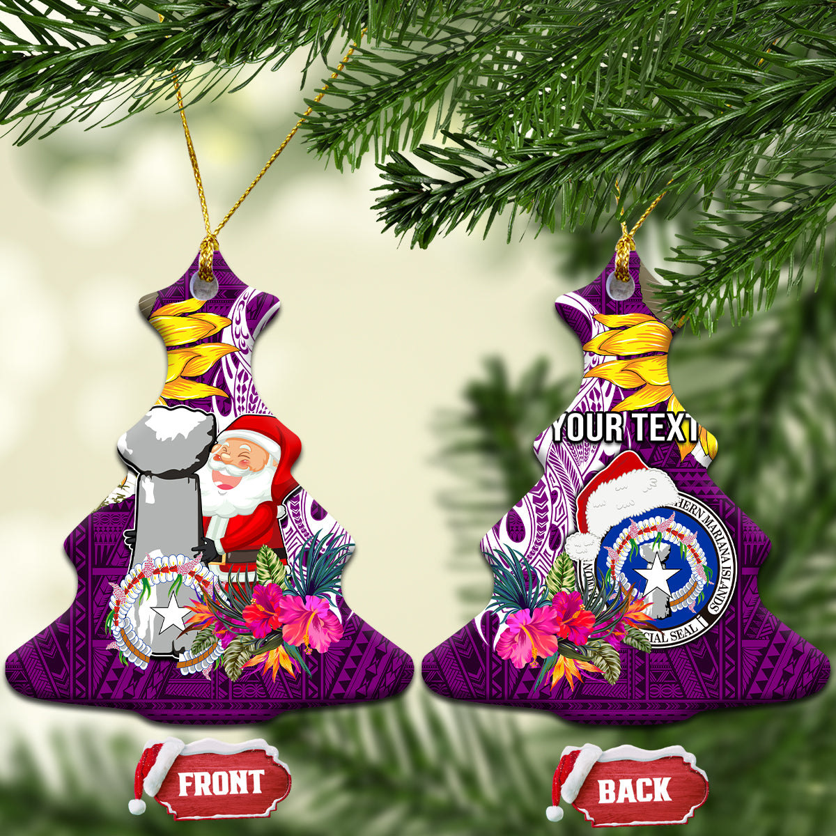 Custom Northern Mariana Islands Christmas Ceramic Ornament Funny Santa Hug Latte Stone Ylang-ylang and Polynesia Pattern Pink LT03 Christmas Tree Pink - Polynesian Pride