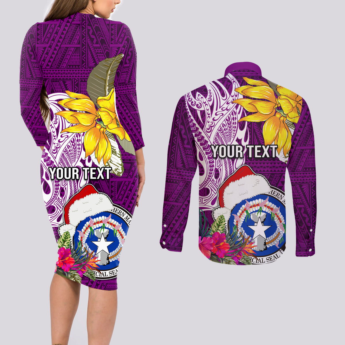 Custom Northern Mariana Islands Christmas Couples Matching Long Sleeve Bodycon Dress and Long Sleeve Button Shirt Funny Santa Hug Latte Stone Ylang-ylang and Polynesia Pattern Pink LT03 - Polynesian Pride