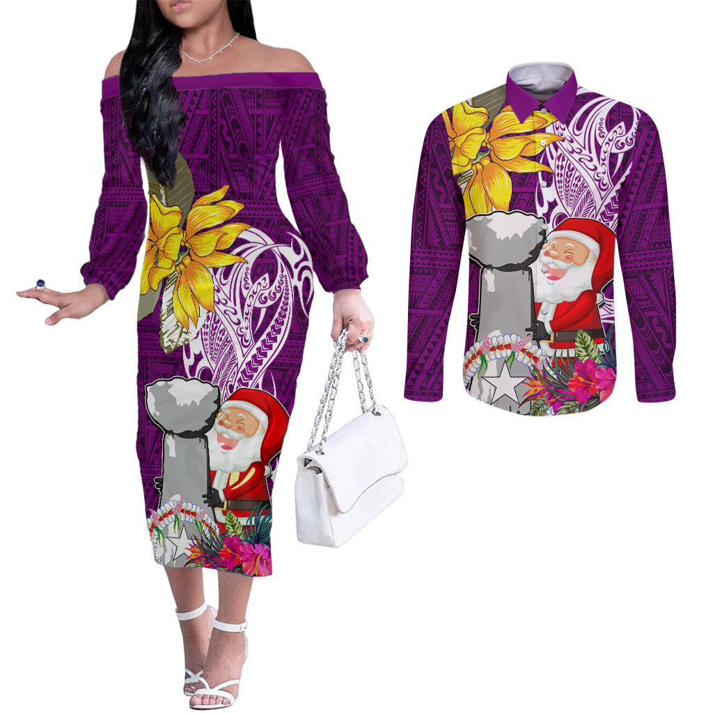 Custom Northern Mariana Islands Christmas Couples Matching Off The Shoulder Long Sleeve Dress and Long Sleeve Button Shirt Funny Santa Hug Latte Stone Ylang-ylang and Polynesia Pattern Pink LT03 Pink - Polynesian Pride