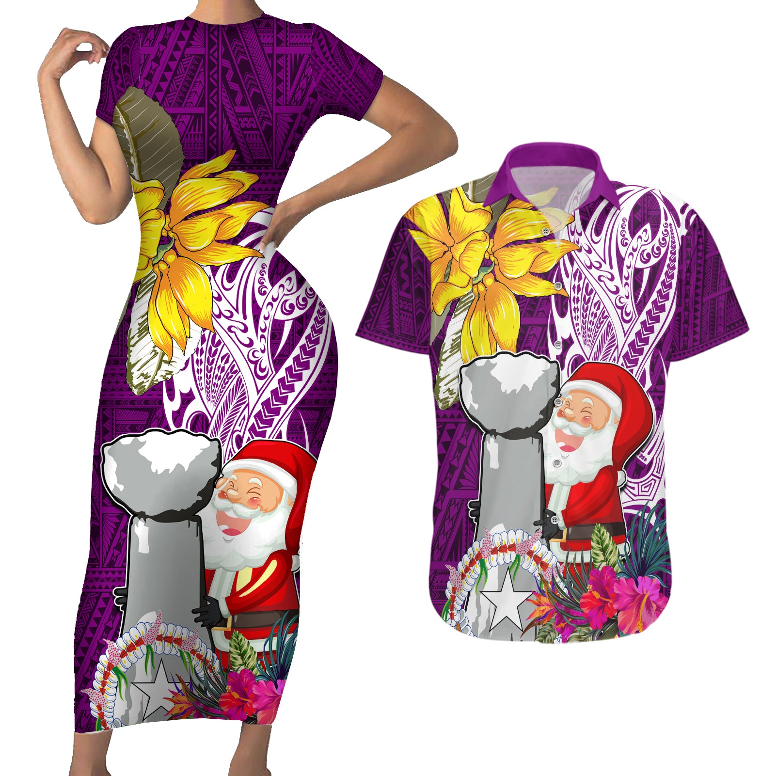 Custom Northern Mariana Islands Christmas Couples Matching Short Sleeve Bodycon Dress and Hawaiian Shirt Funny Santa Hug Latte Stone Ylang-ylang and Polynesia Pattern Pink LT03 Pink - Polynesian Pride