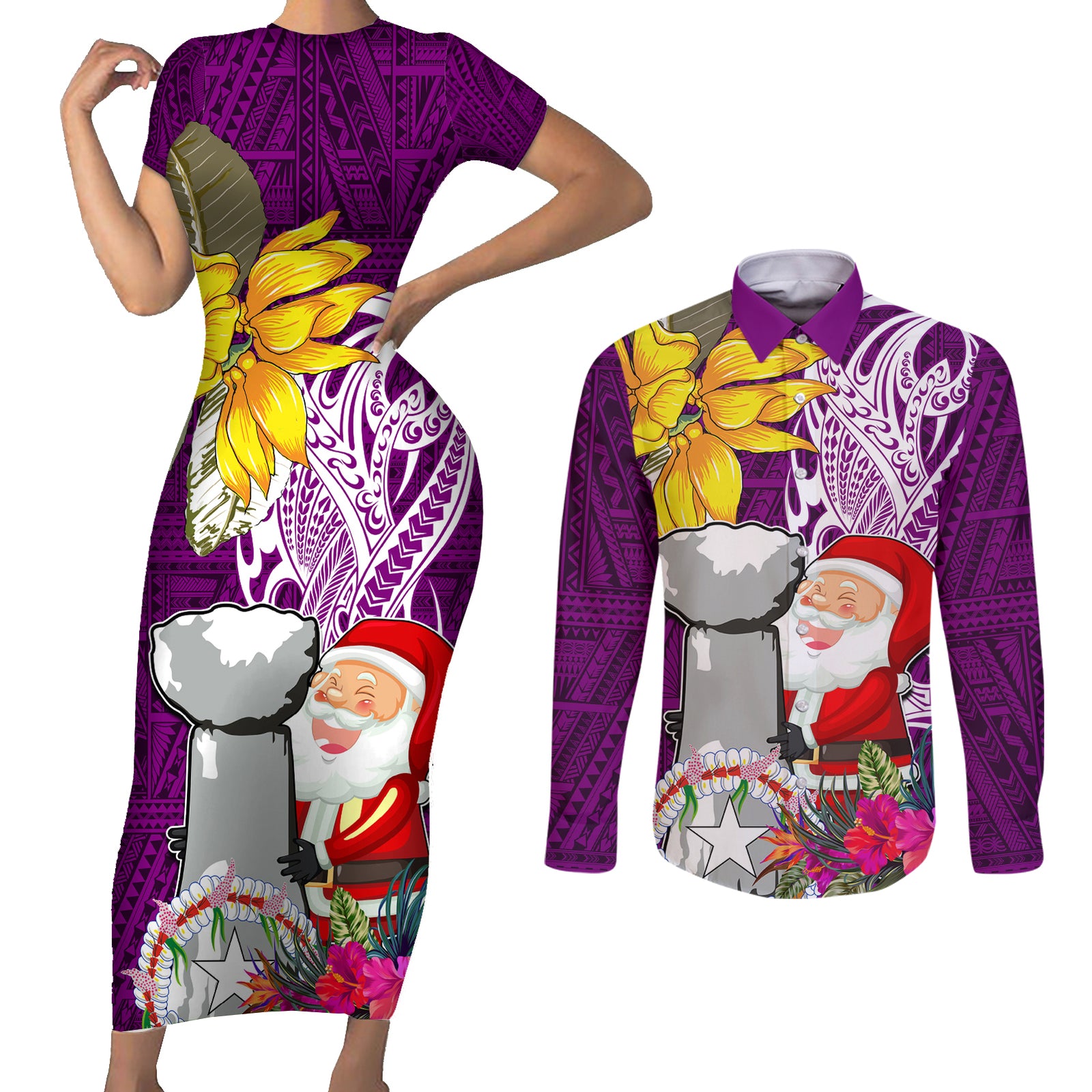 Custom Northern Mariana Islands Christmas Couples Matching Short Sleeve Bodycon Dress and Long Sleeve Button Shirt Funny Santa Hug Latte Stone Ylang-ylang and Polynesia Pattern Pink LT03 Pink - Polynesian Pride