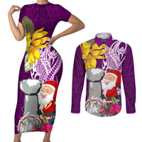 Custom Northern Mariana Islands Christmas Couples Matching Short Sleeve Bodycon Dress and Long Sleeve Button Shirt Funny Santa Hug Latte Stone Ylang-ylang and Polynesia Pattern Pink LT03 Pink - Polynesian Pride