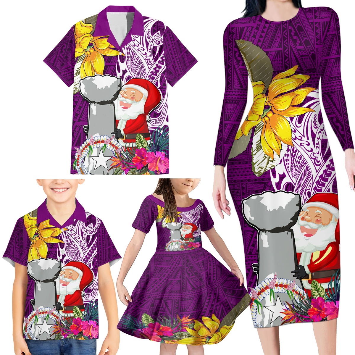 Custom Northern Mariana Islands Christmas Family Matching Long Sleeve Bodycon Dress and Hawaiian Shirt Funny Santa Hug Latte Stone Ylang-ylang and Polynesia Pattern Pink LT03 - Polynesian Pride